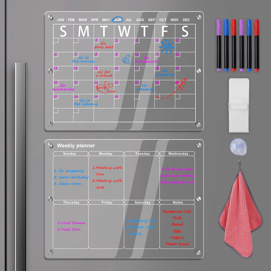 Calendario magnético mensual y semanal de acrílico para nevera, 16"x12" Transparente, Juego de 2 calendarios magnéticos reutilizables de borrado en seco de acrílico para refrigerador