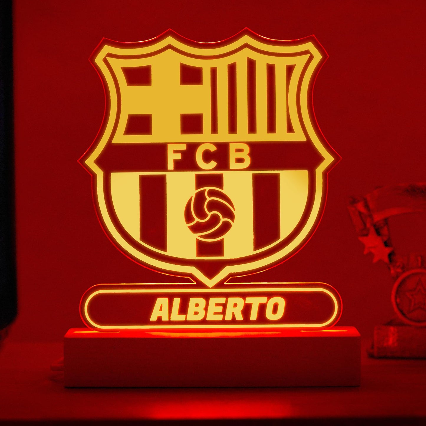 Transparent Gift Lámpara Personalizada Equipos Fútbol. Regalos Originales Cumpleaños Infantiles.Regalos para Hombres, Día del Padre. Diseño Escudo FCB de Metacrilato y Madera