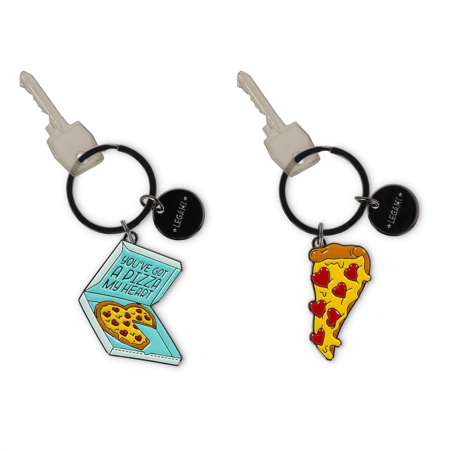 Legami - Juego de 2 llaveros de metal esmaltado, diseño de pizza, regalo para pareja, llavero con colgante para bolso, anillo en espiral resistente, tamaño 4 x 8,5 x 0,2 cm, amarillo, Talla única