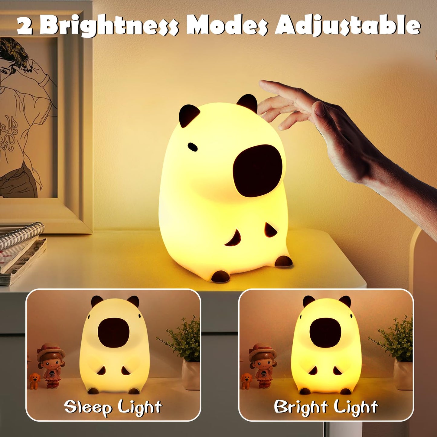 Capybara luz de la Noche los Niños, Capybara Lámpara de Control Táctil para la Mesita de Noche, Carga USB Kawaii Silicona Lámpara de Animales para el Dormitorio, Cuarto de Niños, Adultos (a)