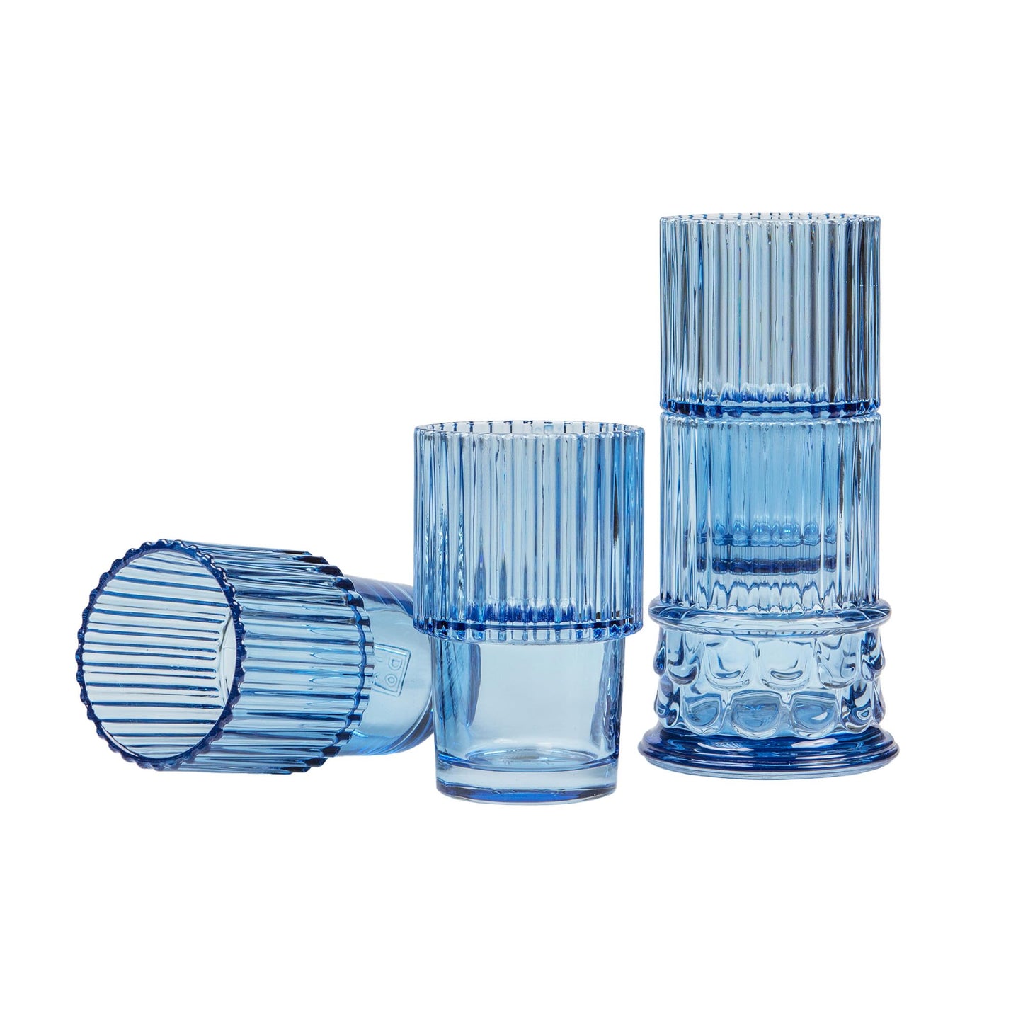 Doiy - Juego de Vasos de Cristal - Diseño de Columna Griega Clásica - Fabricados con Cristal - Vasos para Decorar Apilables - Apto para Lavavajillas -Color Azul - 9x9x29cm - 4 Unidades