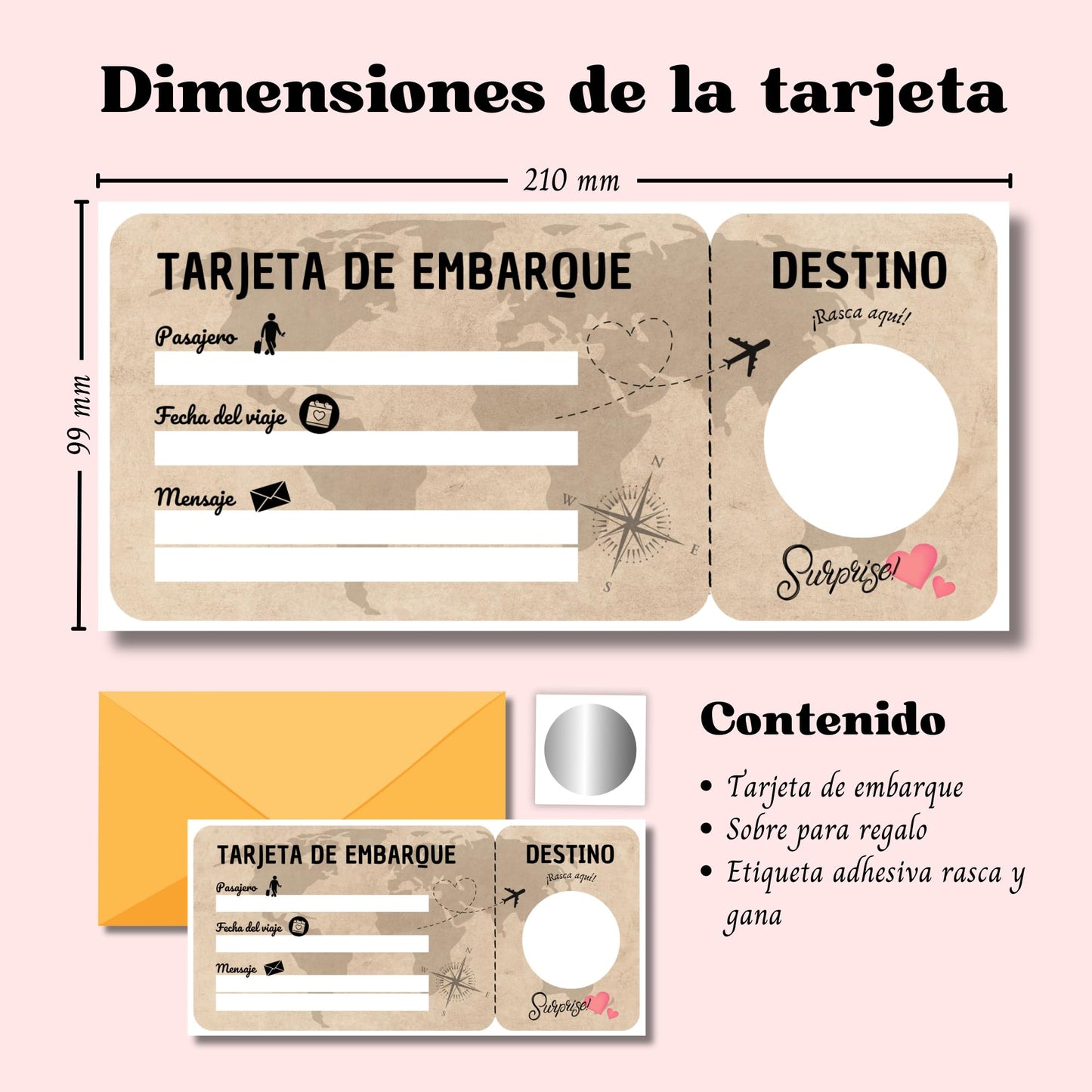 EQUIK PRODUCTS Regalo viaje sorpresa | Tarjeta de rascar | Cheque, Cupón viaje | Regalo pareja romántico para San Valentín | Tarjeta de embarque personalizable