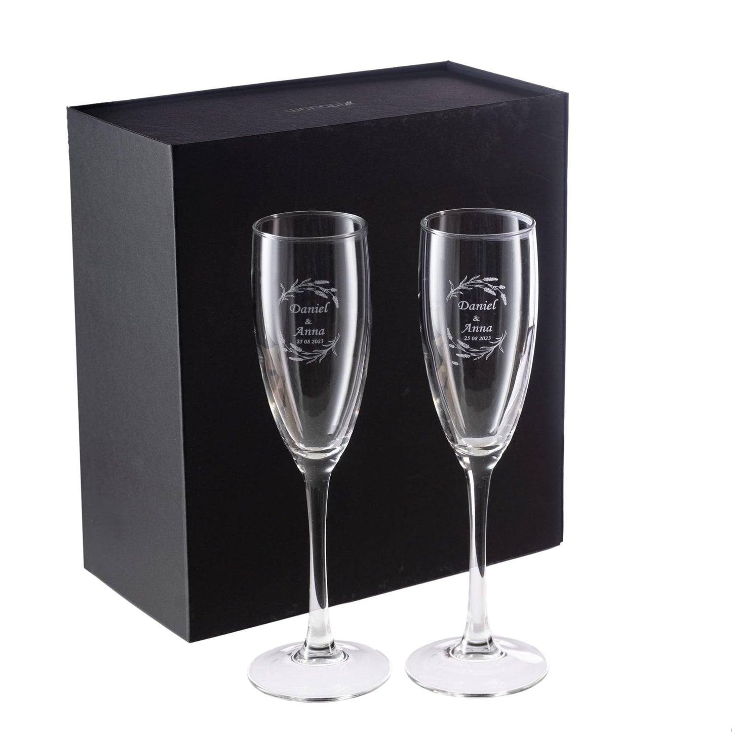 Wanapix | Pack de 2 Copas de Cava Personalizada | Estuche de Regalo Incluido | Copa de Champagne Cristal Grabada a Láser | Boda/Aniversario/San Valentín | 20cl. | Nombres y Fecha