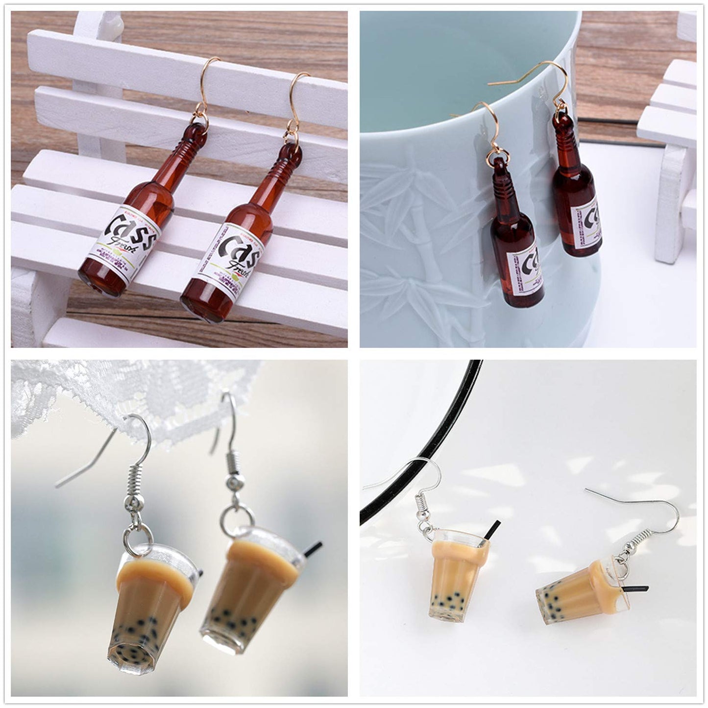 Set 4 pares Pendientes Divertidos – El Mix Kawaii de Goldfish y Bubble Tea