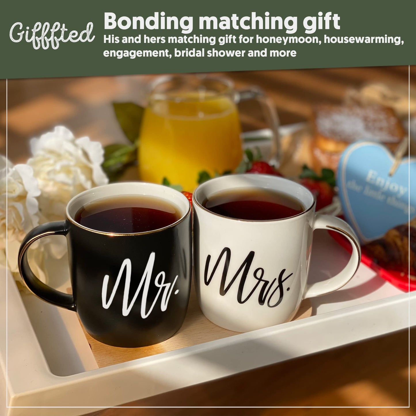 Triple Gifffted Mr y Mrs Tazas parejas a conjunto,Caja de Regalo para Novios,Novias,Regalos original, Bodas, Aniversarios,nupical,desayuno, Románticos,San Valentín, Navidad,380 Ml, Juego De 2 pack