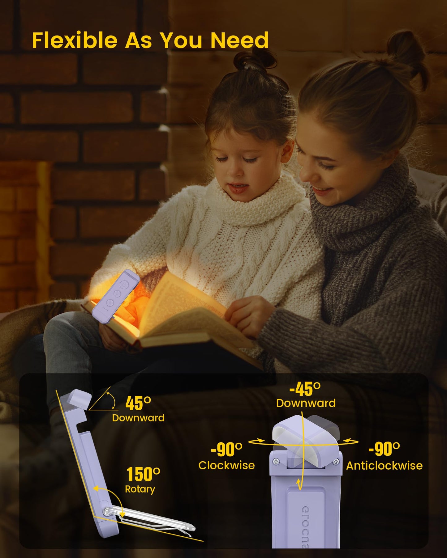 Glocusent Luz Lectura Recargable USB, Lampara de Lectura LED con Pinzas, 3 Colores Ámbar & 5 Brillos Regulables, Compacta y de Larga Duración,Regalo para los Amantes del Libro