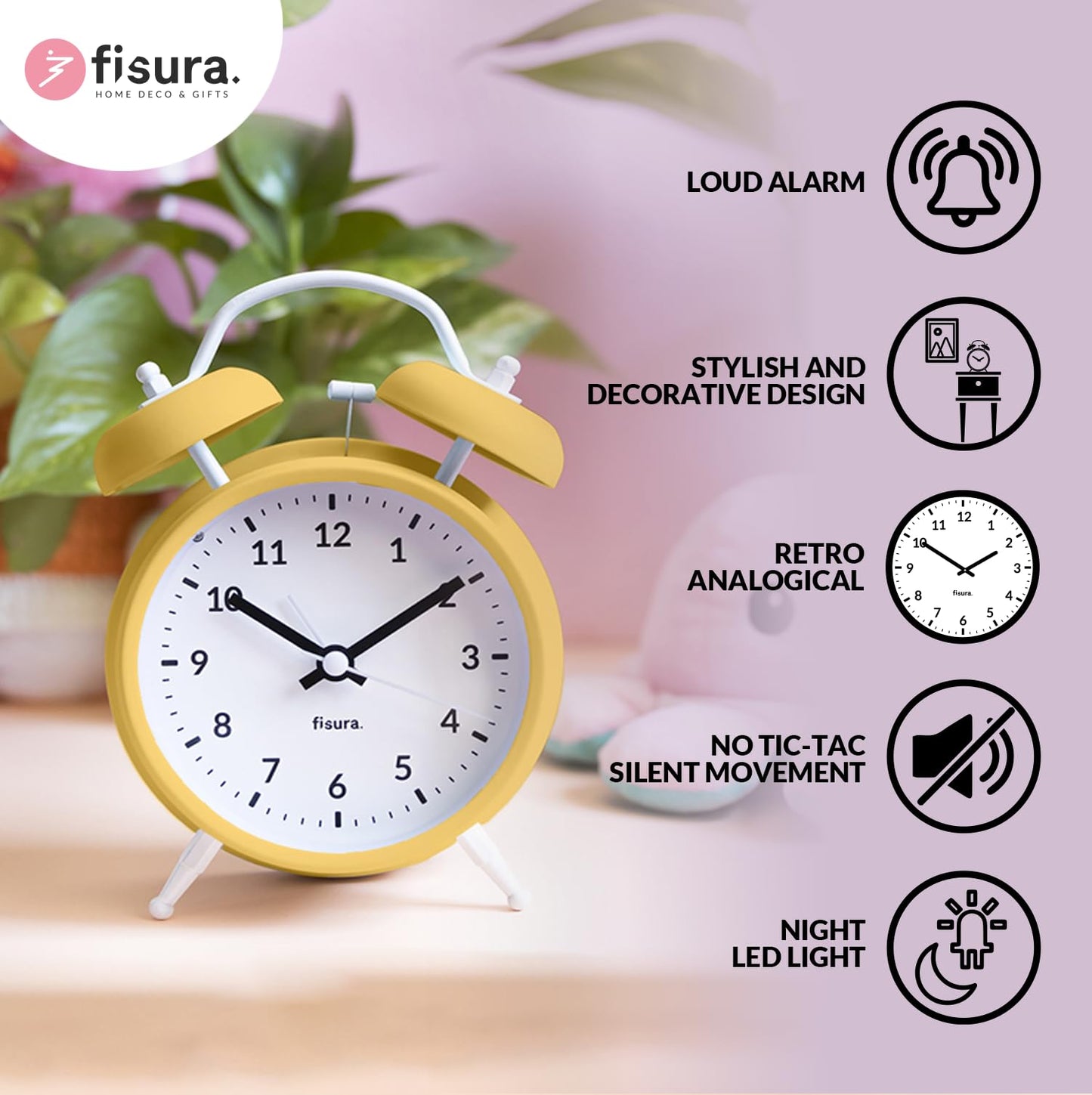 Fisura – Reloj Despertador analógico sin Tic-TAC. con luz de Led Nocturna. Metal y ABS. Medidas: 11,7 x 5,5 x 16. Esfera de 9 centímetros (Amarillo)