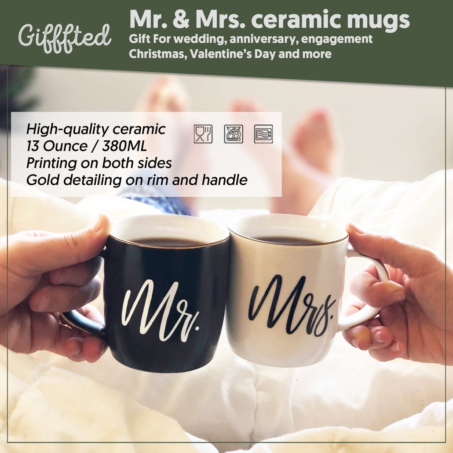 Triple Gifffted Mr y Mrs Tazas parejas a conjunto,Caja de Regalo para Novios,Novias,Regalos original, Bodas, Aniversarios,nupical,desayuno, Románticos,San Valentín, Navidad,380 Ml, Juego De 2 pack