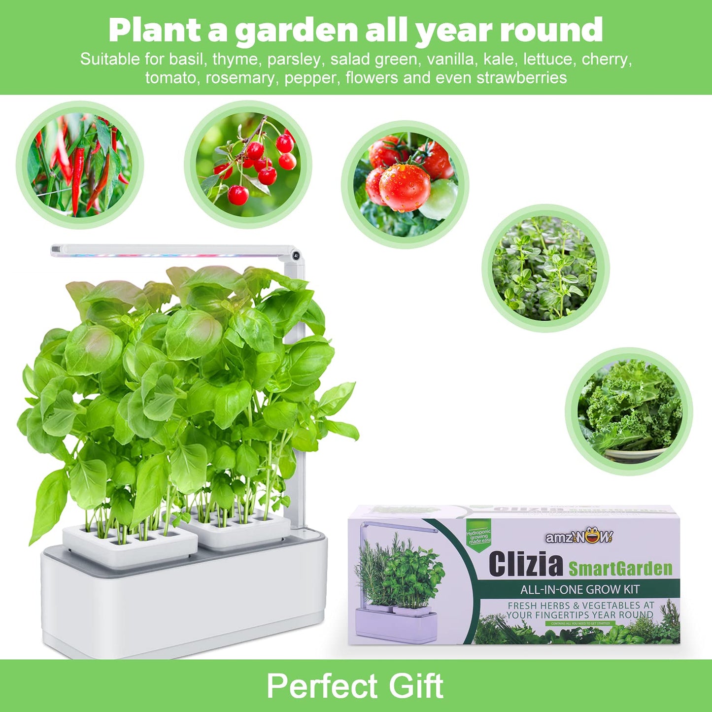 amzWOW Clizia Smart Garden Huerto de Interior, Sistema de Cultivo hidropónico para Cultivar Plantas y Semillas aromaticas - Jardinera de Interior de Hierbas con luz de Crecimiento LED (Blanco)