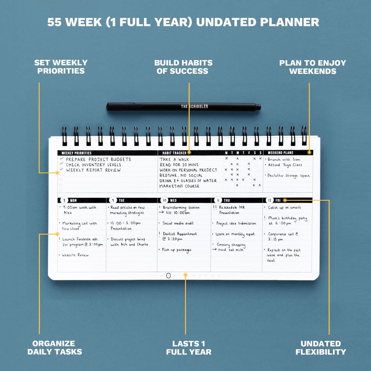 Scribbles That Matter 2024 weekly planner spiral bound (Undated) + Free Pen! | Your Daily weekly monthly productivity planner with habitpara trabajo de oficina | 55 Weeks (29x17.2”)