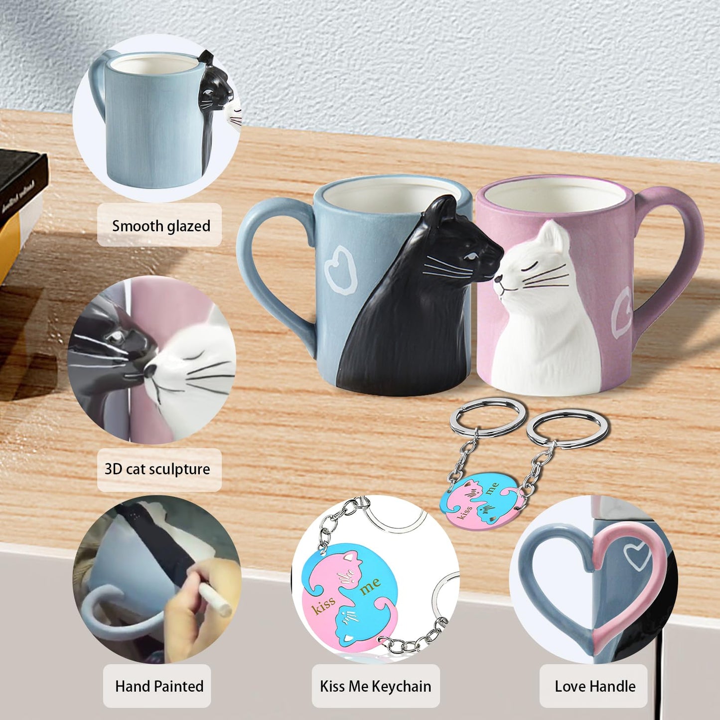 MengCat Gato Tazas de café par, conjunto de tazas de té de cerámica únicas, taza de boda para la novia y el novio,Beso Regalo a juego para aniversario, compromiso, día de San Valentín, cumpleaños