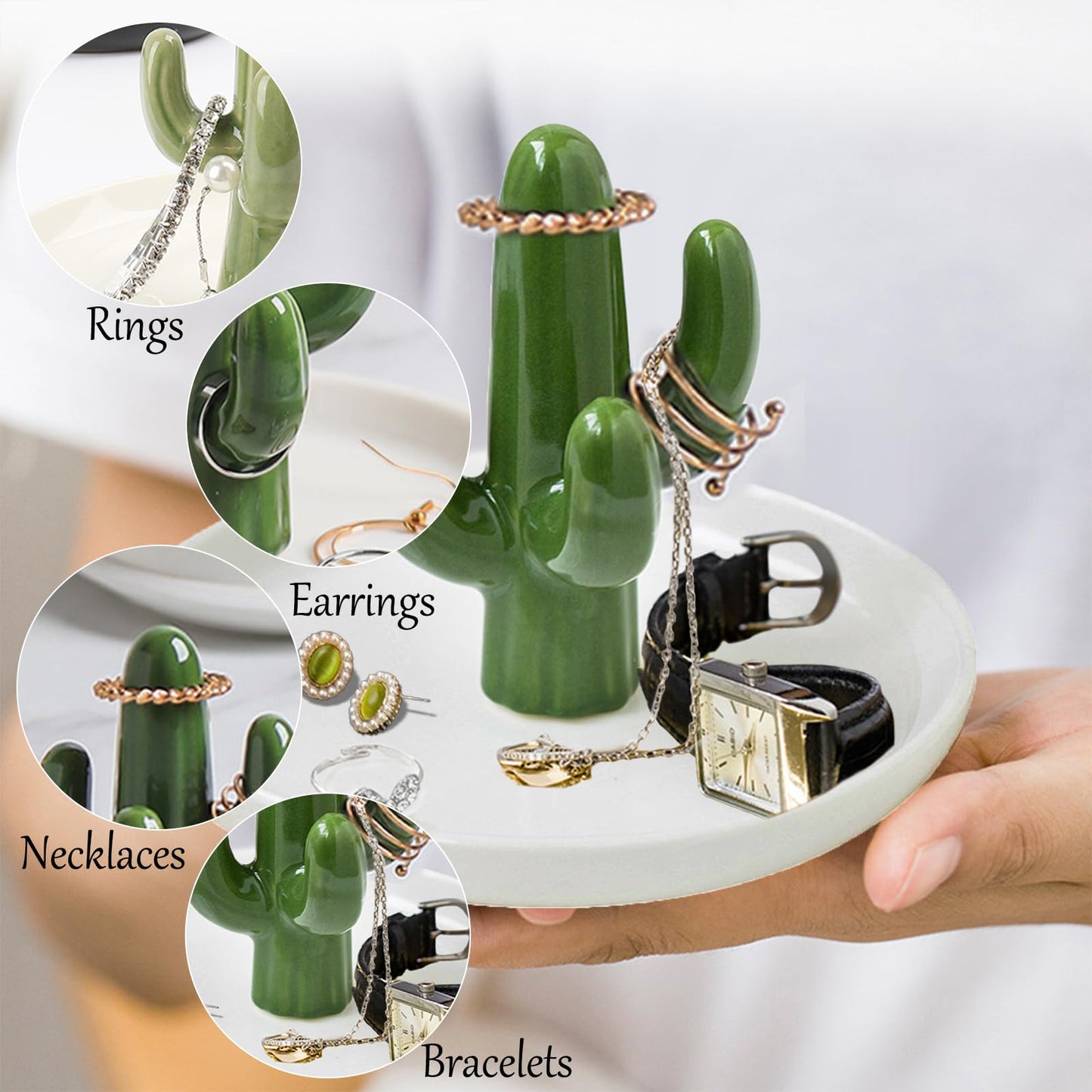 Cactus Plato de soporte de anillo para joyería, Bandeja de cerámica suculenta de joyería Pantalla del organizador para Decoración del hogar y cumpleaños Boda Regalos de inauguración para mamá, Amigos