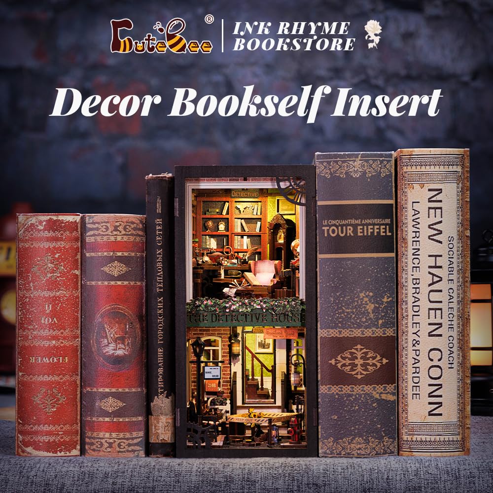 CUTEBEE DIY Book Nook Kit - Casa de muñecas en Miniatura de Madera con Muebles y Luces LED, Decoración de inserción de estantería Creativa(Rose Detective Agency)