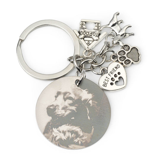 Wanapix | Llavero de Perro Personalizado con Figuritas | Personaliza con una Foto Grabada | Regalo Original para Amantes de los Perros | Llavero de Perros con Foto y Charms