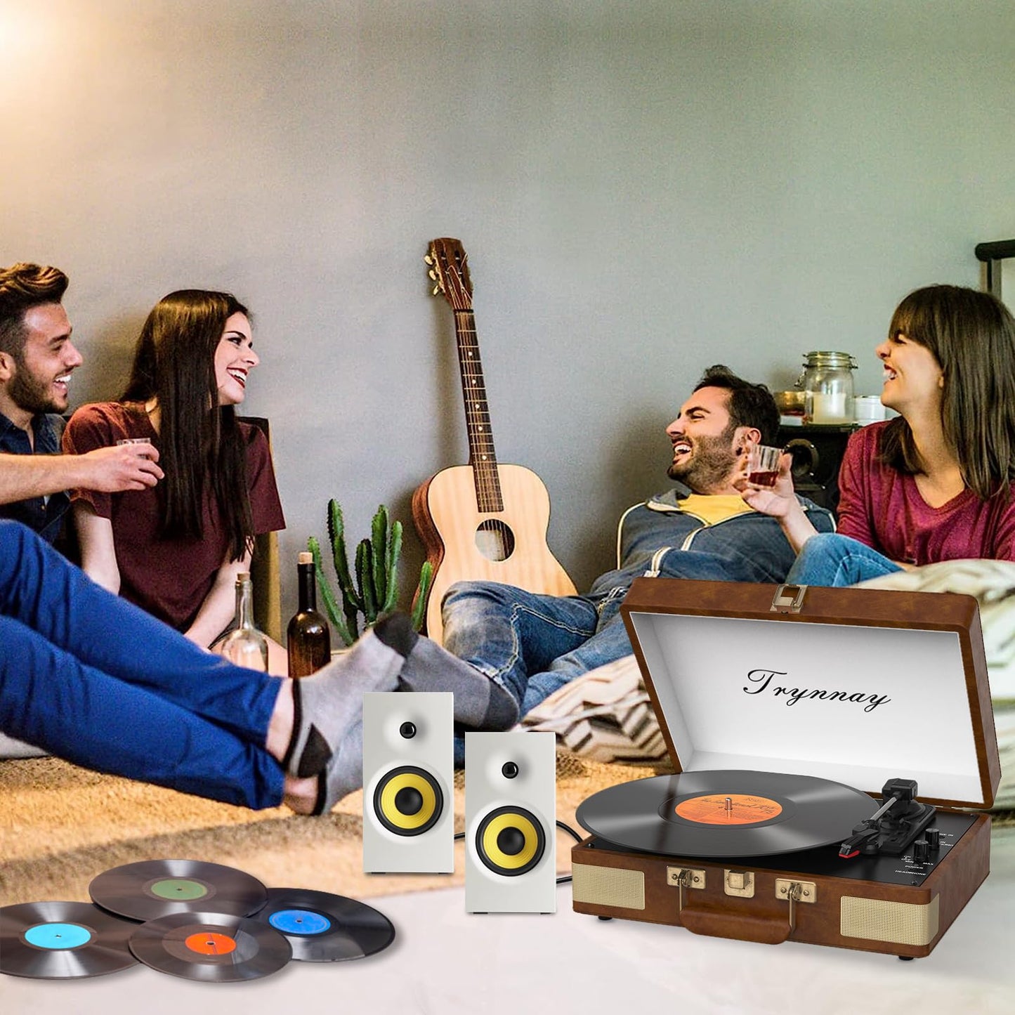 Trynnay Tocadiscos Tocadiscos con Bluetooth de 3 velocidades, Reproductor de Vinilo portátil con Altavoces Integrados, Tocadiscos, Sonido de Audio Mejorado, Piel sintética, Almendra