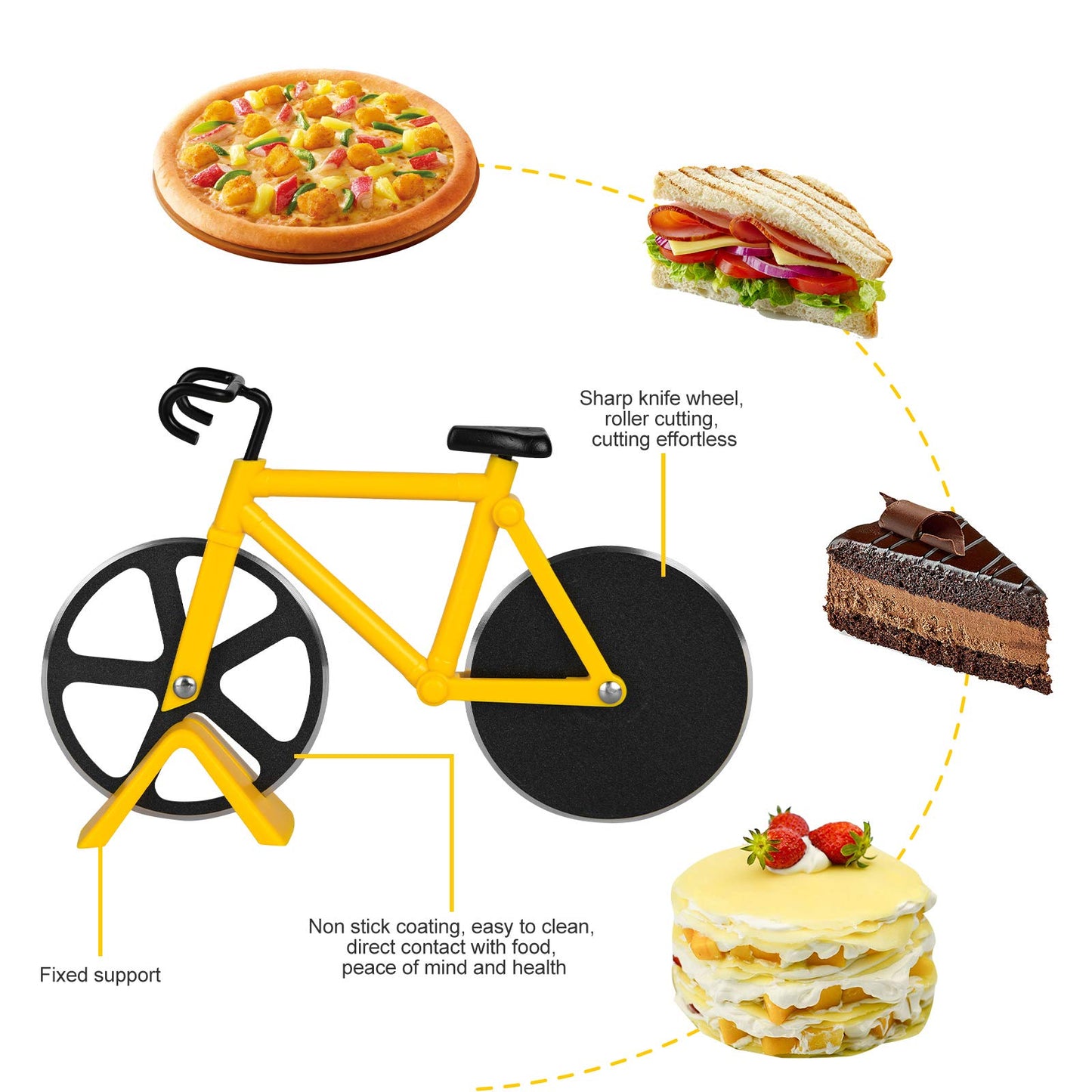 flintronic Corta Pizza Antiadherente, Ruedas Cortadoras De Pizza De Bicicleta, Cortadora de Pizza para Bicicleta con Soporte, Acero Inoxidable Doble, Amarillo