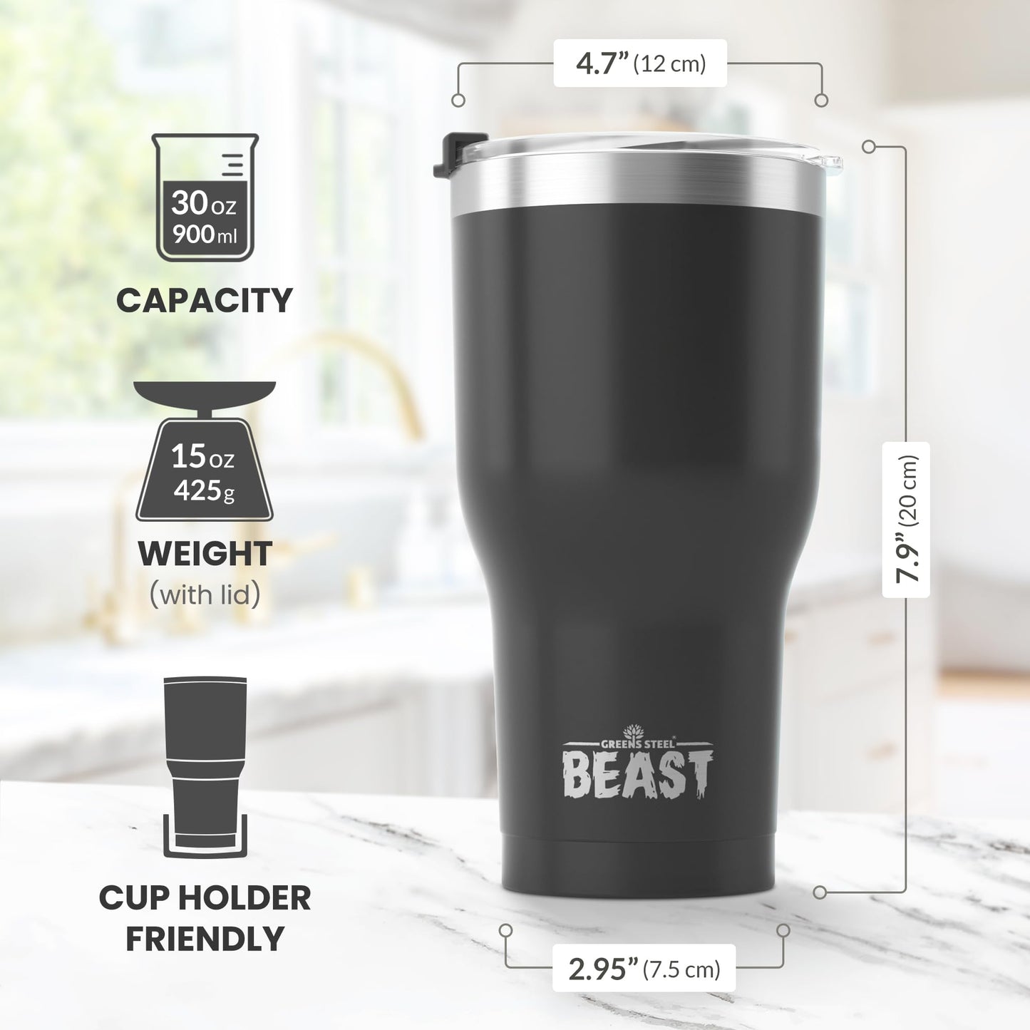 BEAST Termo Café para Llevar - 900ml I Negro mate I Taza Térmica de Acero Inoxidable Reusable I Taza Viajera de Doble Pared al Vacío I 2 Pajitas y Cepillo de Limpieza I para Café Frío o Caliente