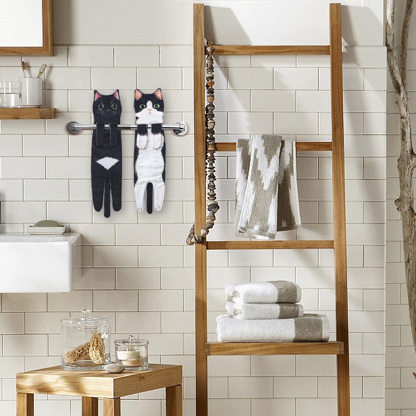 Divertidos Gatos Toalla de Mano-Decoración Gato Toalla Colgantes para Baño Trapos de Cocina-Animal Absorbente Suave Toallas-Regalos Graciosos para Originales Mujer Amantes de Los Gatos-Negro