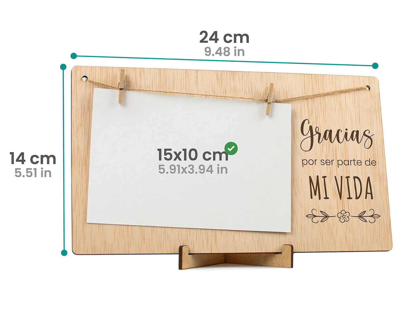 CONTRAXT Portafotos con pinzas madera. Ideas regalos especiales tarjeta agradecimiento Marco colgar fotos con pinzas 10x15 madera natural mejor amiga amigo invisible mujer hombre (Gracias ES)