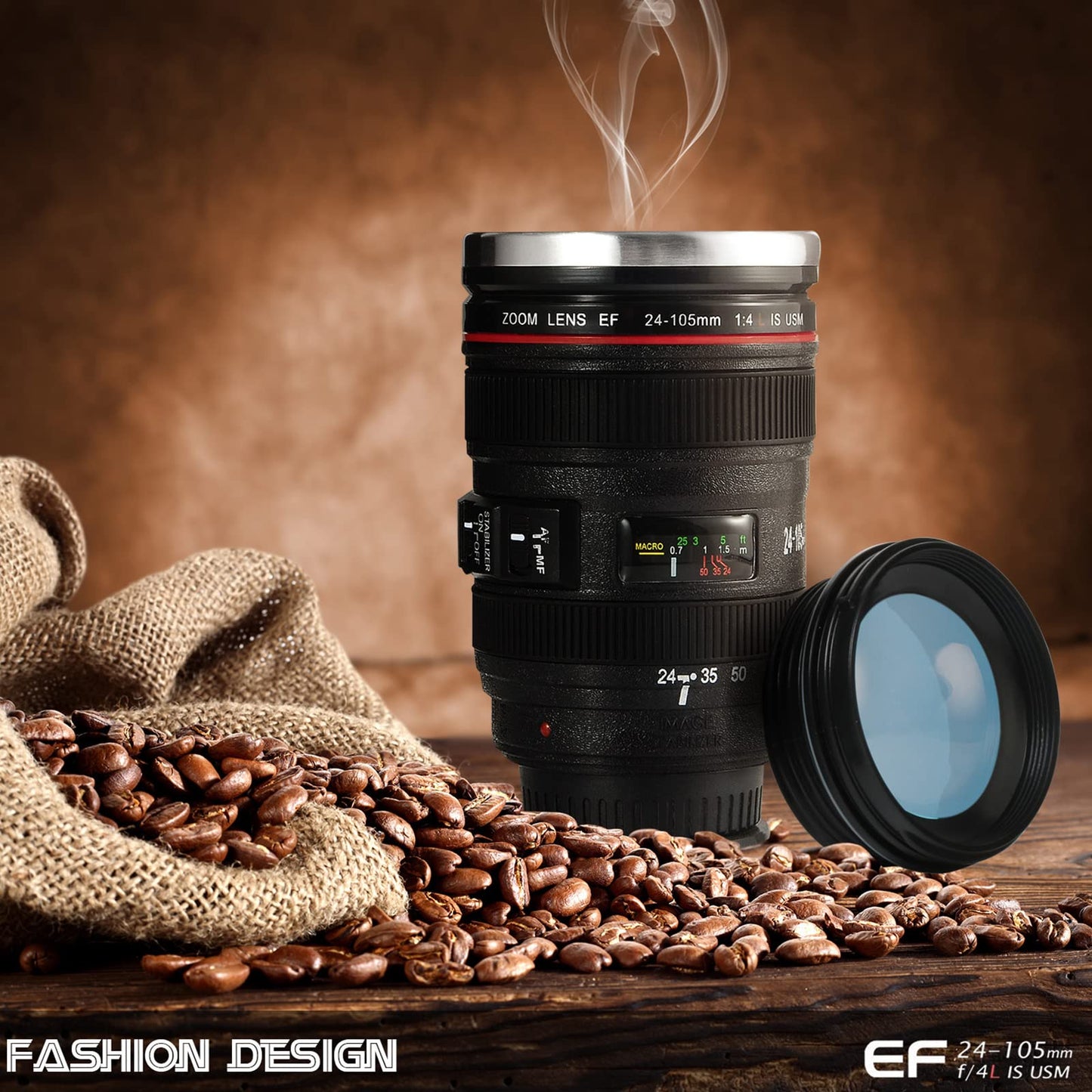 Splend Taza de café con Lente de cámara, Vasos de Lente de acero Inoxidable sin BPA, Taza de Viaje a Prueba de Fugas, Botella de Agua con Tapa y Cuchara, Taza de Lente EF24-105 mm f/4.0 USM