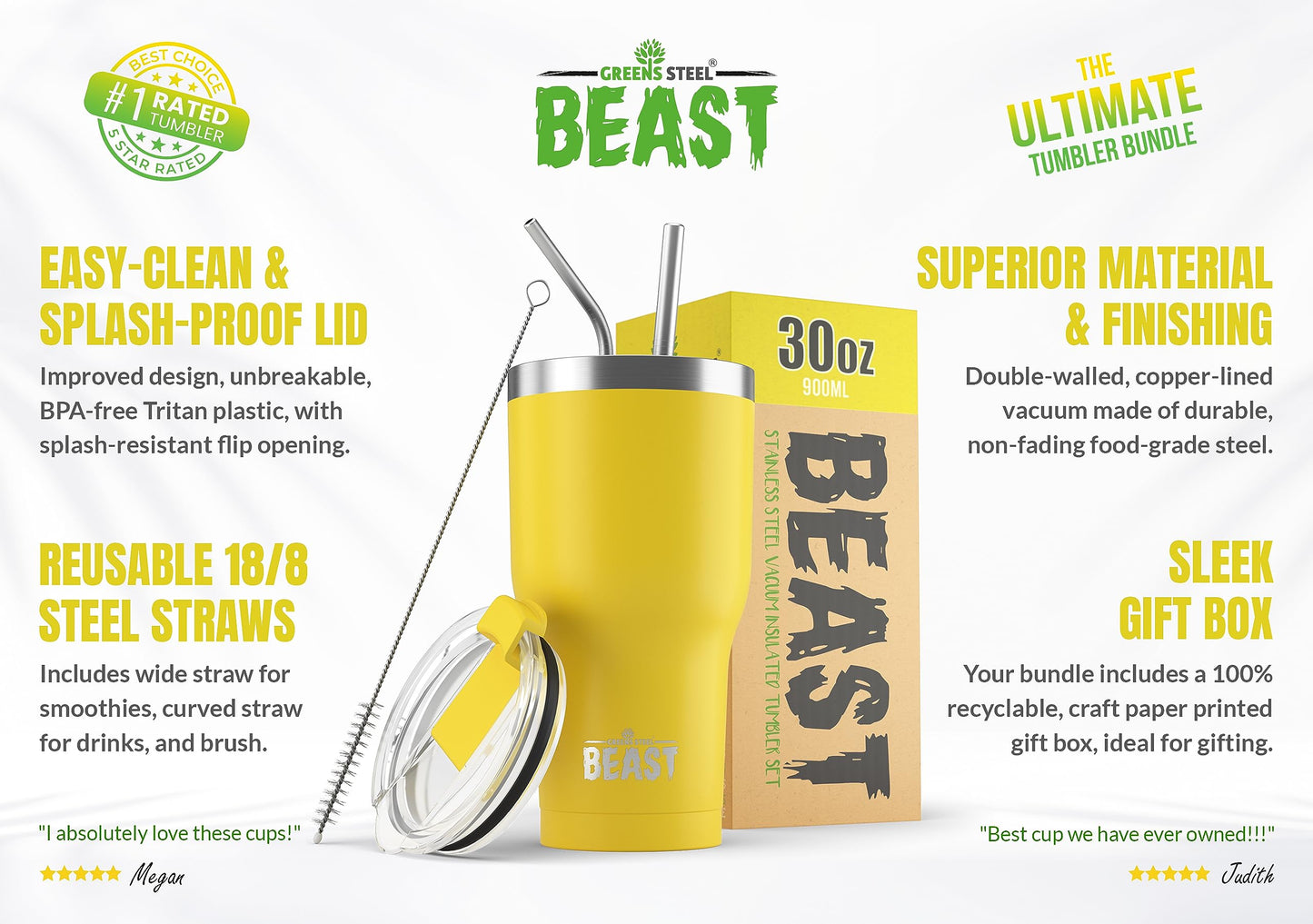 BEAST Termo Café para Llevar - 900ml I Limón I Taza Térmica de Acero Inoxidable Reusable I Taza Viajera de Doble Pared al Vacío I 2 Pajitas y Cepillo de Limpieza I para Café Frío o Caliente