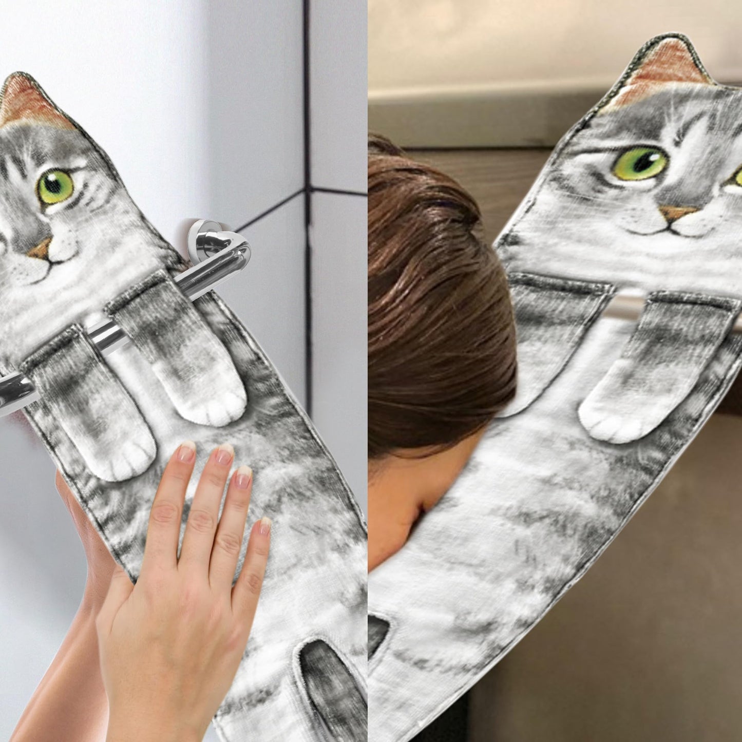 AGRIMONY Divertidos Gatos Toalla de Mano-Decoración Gato Toalla Colgantes para Baño Trapos de Cocina-Animal Absorbente Suave Toallas-Regalos Graciosos para Originales Mujer Amantes de Los Gatos-Gris