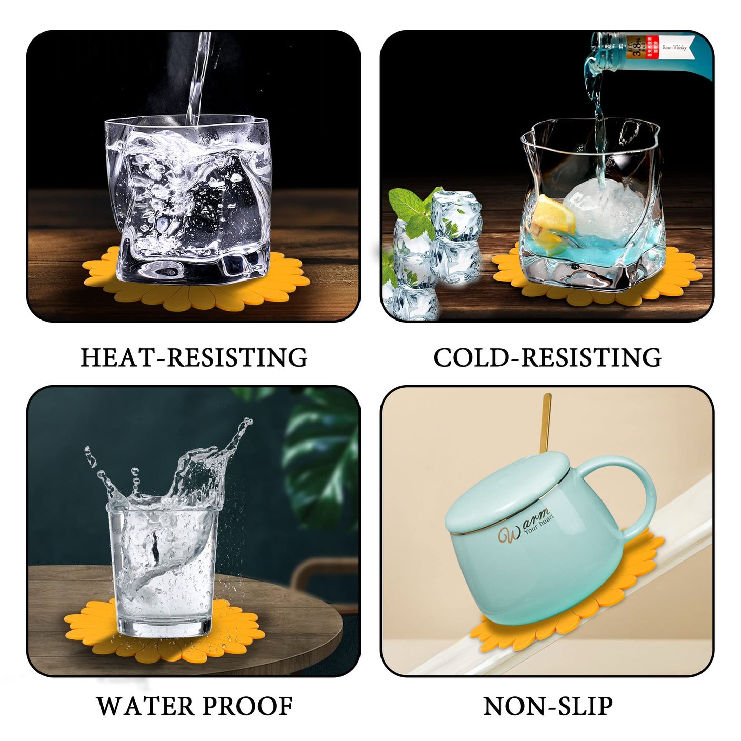 Conisy Posavasos de Silicona para Bebidas, Juego de 6 Bonitos Antideslizantes Lavable Coasters para Vasos (Girasol Amarillo)