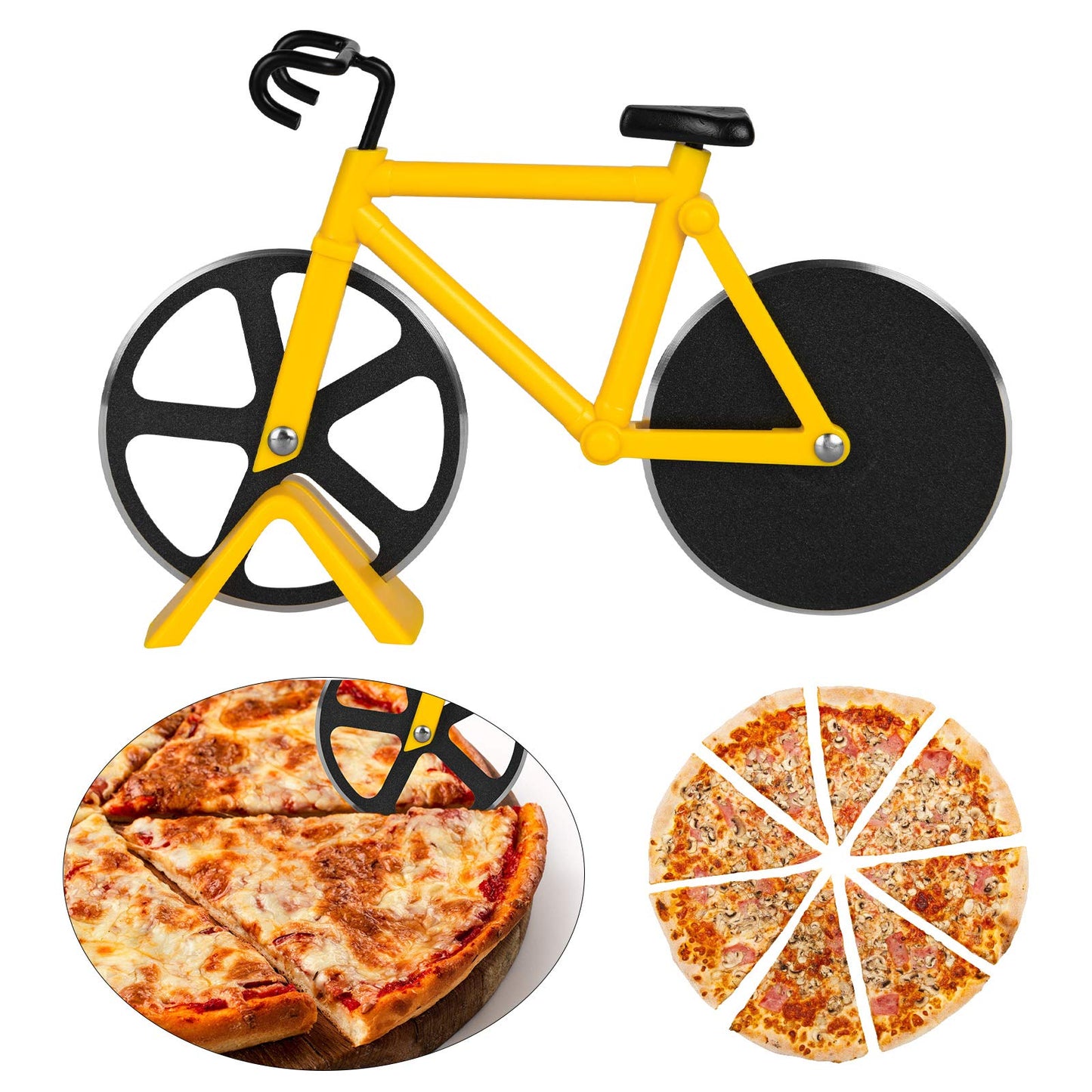 flintronic Corta Pizza Antiadherente, Ruedas Cortadoras De Pizza De Bicicleta, Cortadora de Pizza para Bicicleta con Soporte, Acero Inoxidable Doble, Amarillo