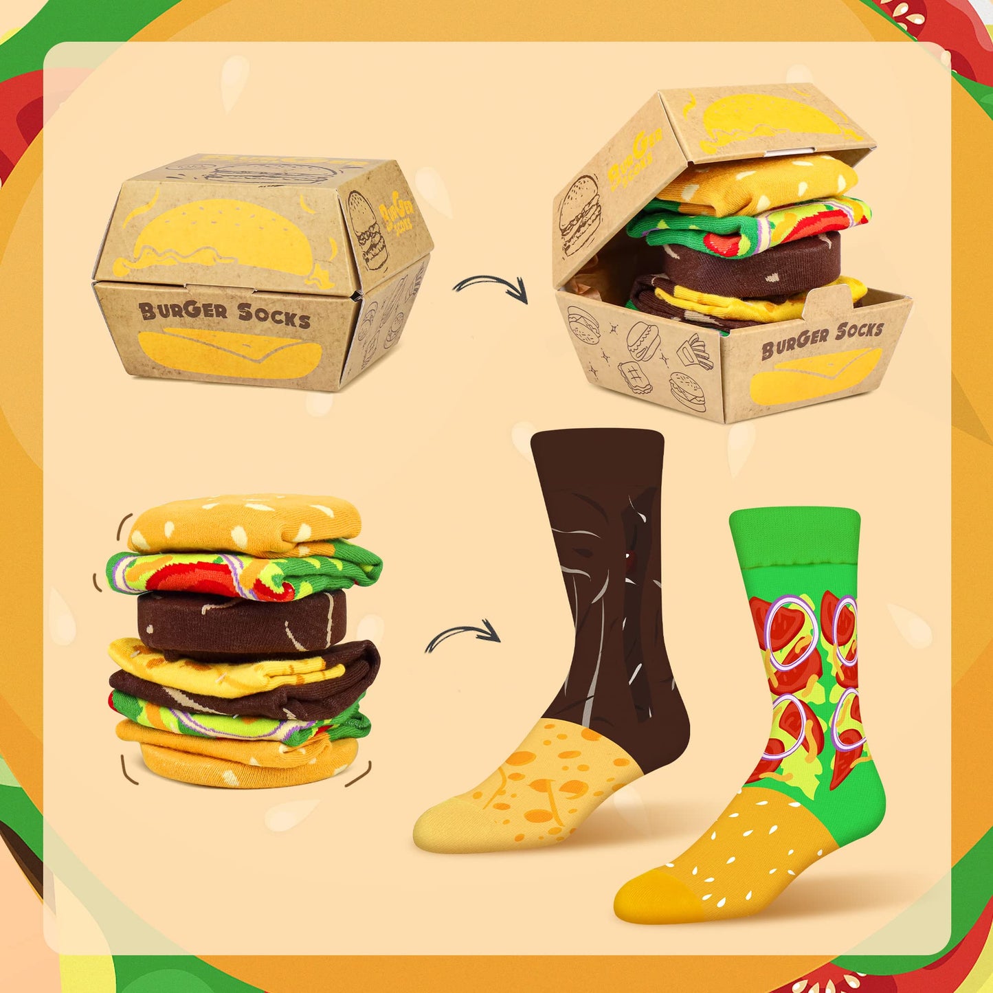 AGRIMONY Calcetines Hamburguesa Mujer Divertidos - Personalizados Originales Dibujos Estampados Graciosos Frikis Colores Arte Comida - San Valentin Regalos Originales Navidad