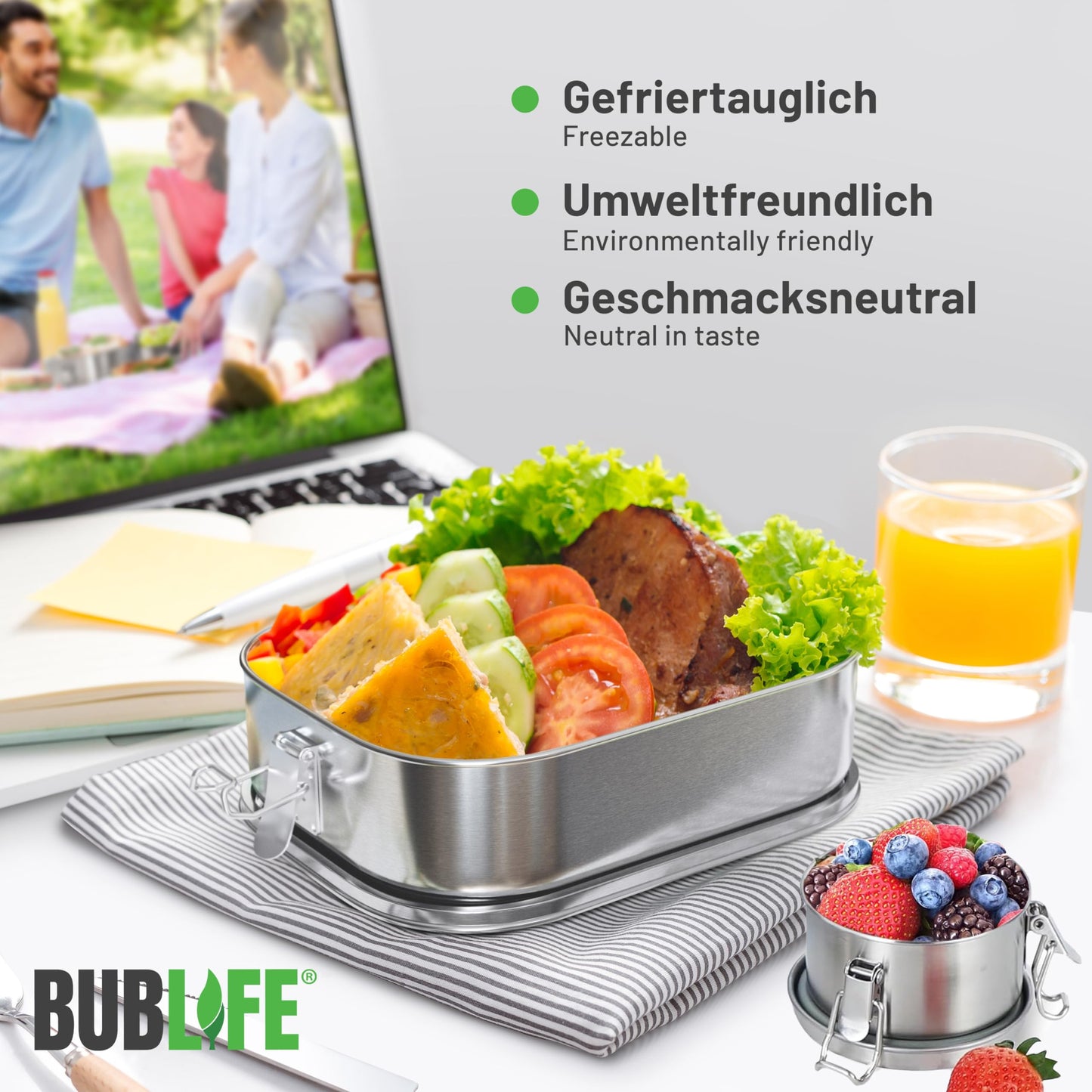 Bublife Fiambrera 1400 ml - Fiambrera de acero inoxidable Premium | Fiambrera con compartimento | Bento impermeable | Fiambrera de acero inoxidable para niños y adultos