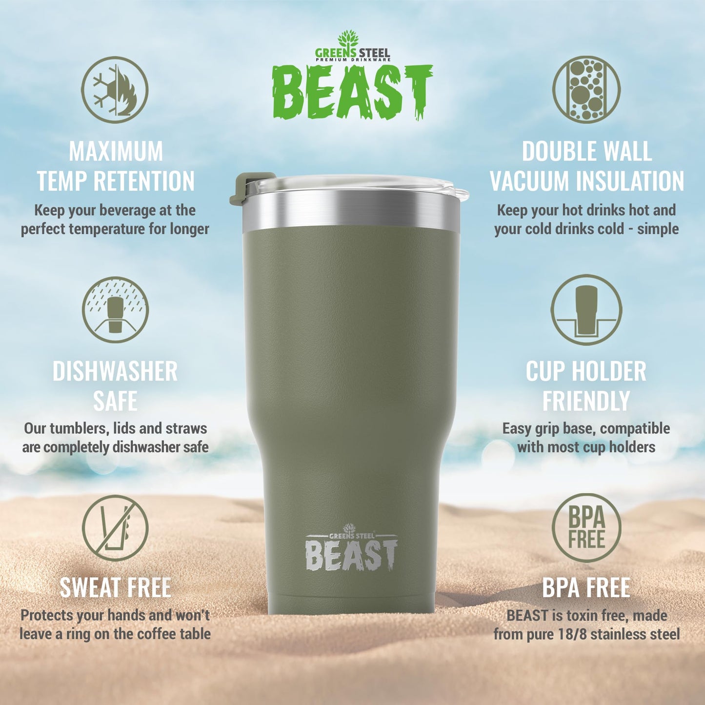 BEAST Termo Café para Llevar - 900ml I Verde militar I Taza Térmica de Acero Inoxidable Reusable I Taza Viajera de Doble Pared al Vacío I 2 Pajitas y Cepillo de Limpieza I para Café Frío o Caliente