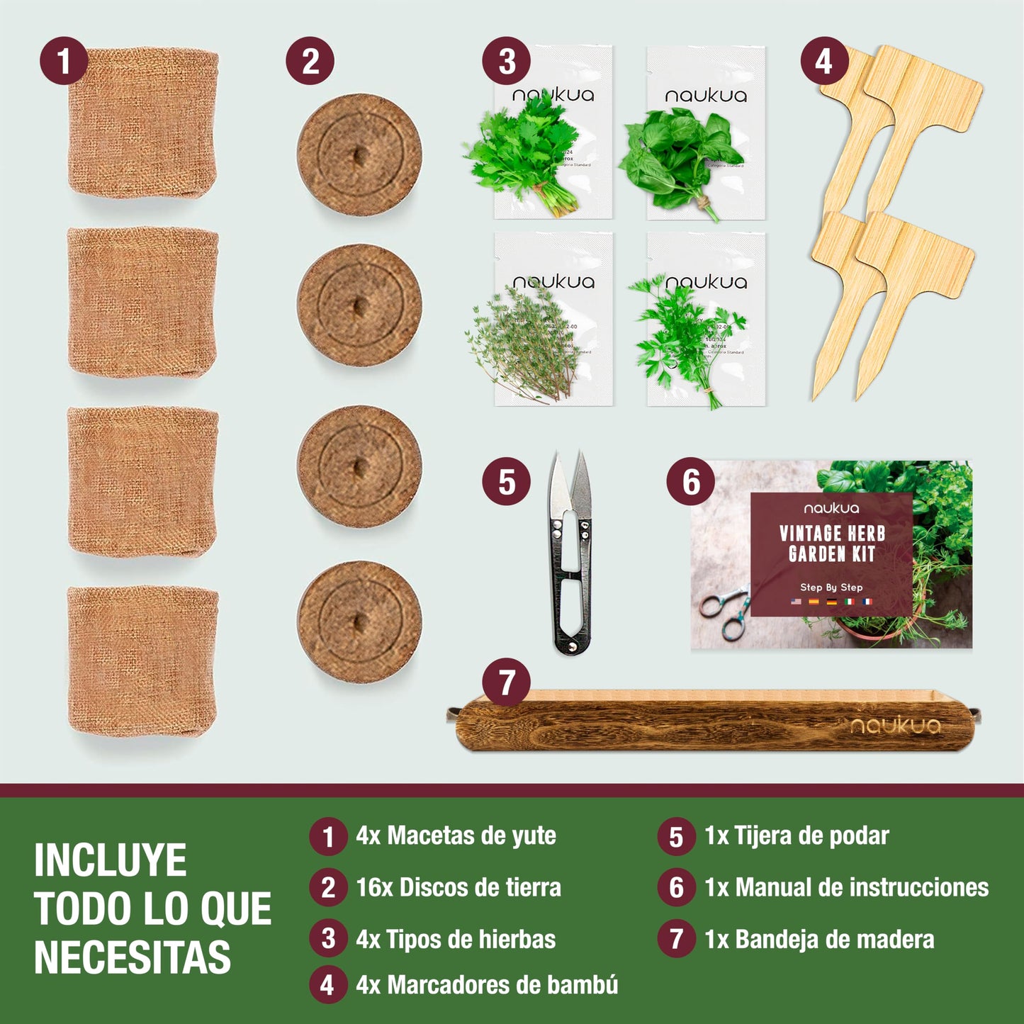 NAUKUA Mini Huerto Urbano Vintage de Plantas Aromáticas y Culinarias (Tomillo Albahaca Perejil y Cilantro) - Semillas Orgánicas de España - Kit Completo para Cultivar Tus Hierbas Frescas en Casa