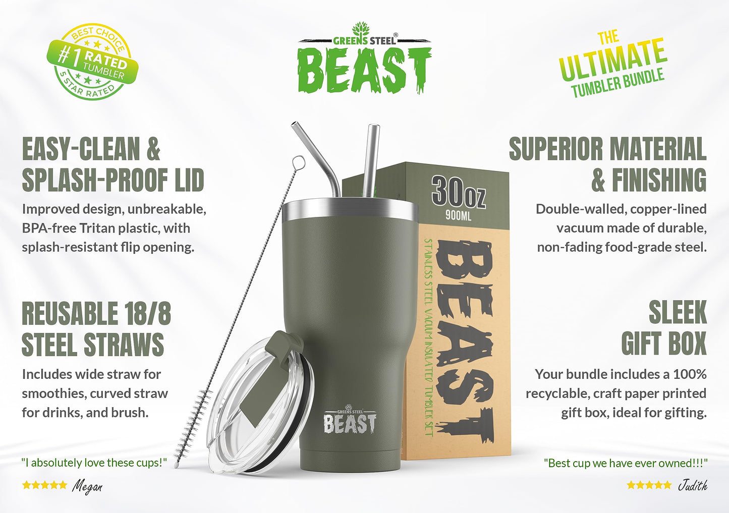 BEAST Termo Café para Llevar - 900ml I Verde militar I Taza Térmica de Acero Inoxidable Reusable I Taza Viajera de Doble Pared al Vacío I 2 Pajitas y Cepillo de Limpieza I para Café Frío o Caliente