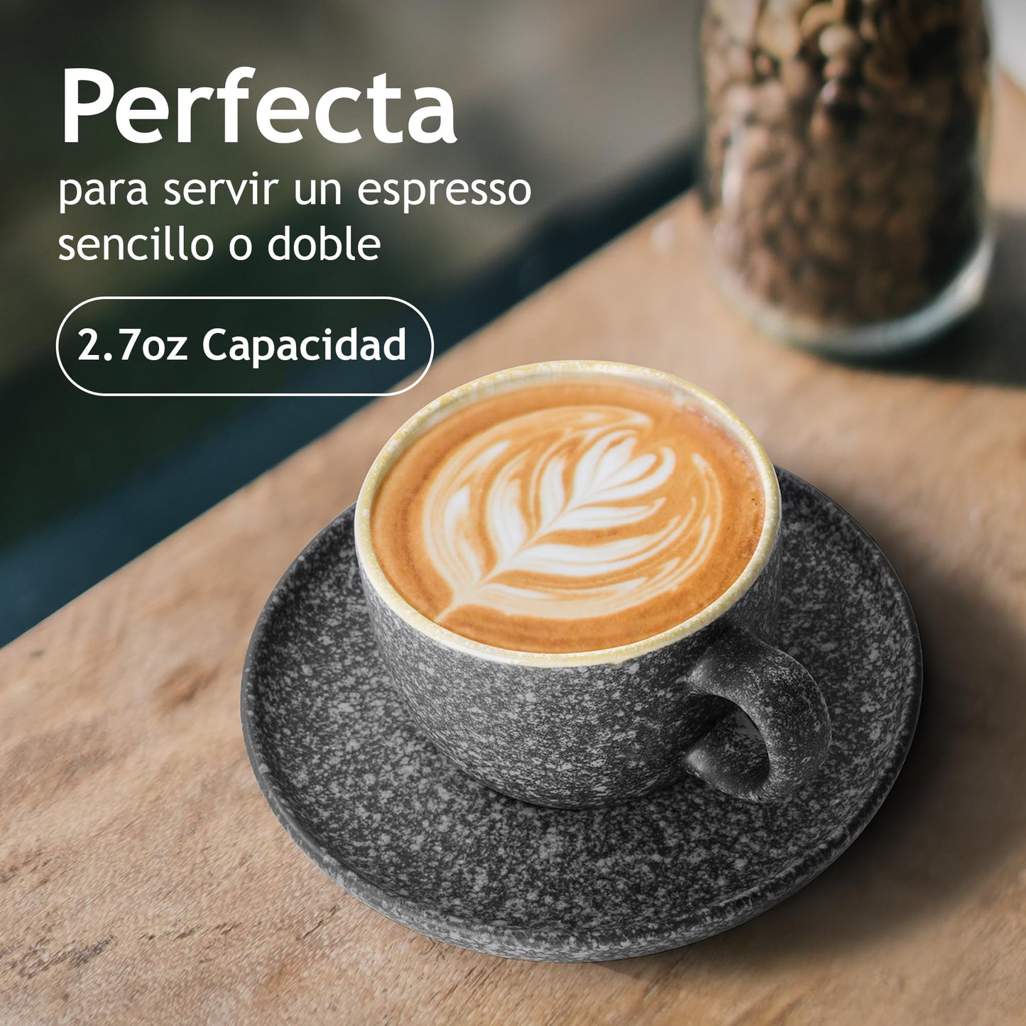 MIAMIO – 80 ml Tazas de Cerámica Apilables Espresso con Platos y Soporte de Metal, Juego de 6 Tazas Espresso, Tazas Demitasse, Tazas de Café para Espresso, Latte - Colección Las Palmitas