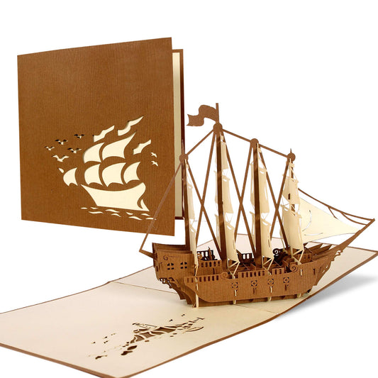 Tarjeta 3D con velero artesanal – Tu viaje comienza aquí