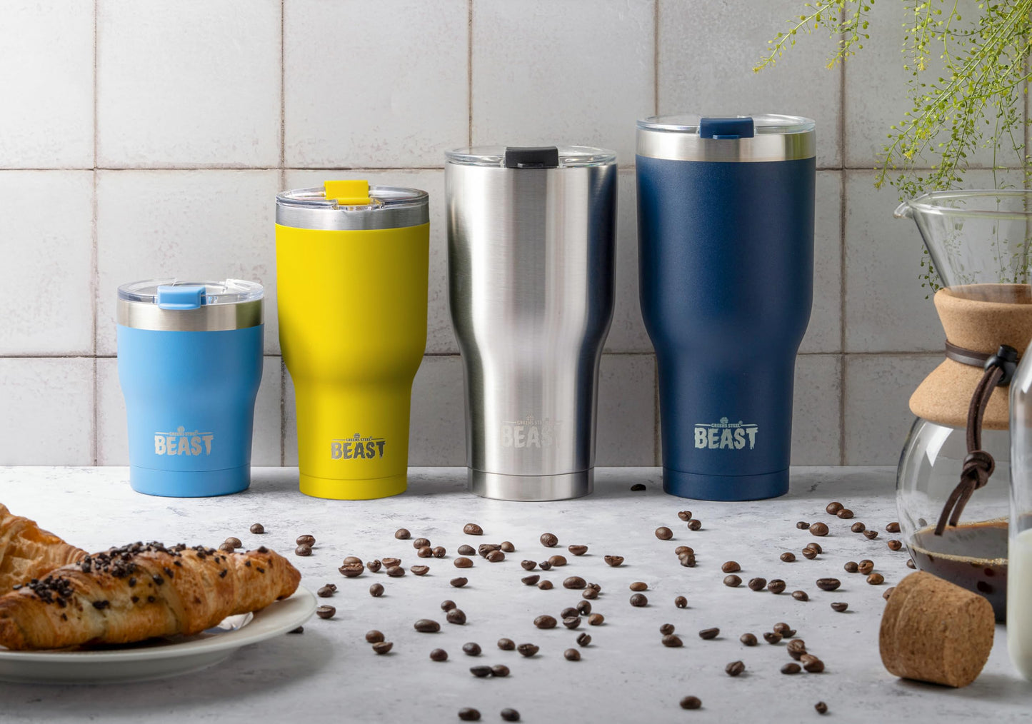 BEAST Termo Café para Llevar - 900ml I Limón I Taza Térmica de Acero Inoxidable Reusable I Taza Viajera de Doble Pared al Vacío I 2 Pajitas y Cepillo de Limpieza I para Café Frío o Caliente