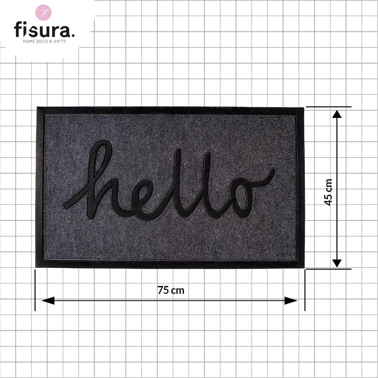 Fisura – Felpudo Moderno de Coco con Base Antideslizante de PVC. Felpudo Original Pintado a Mano. Medidas: 70 cm x 40 cm. (Polipropileno, gris)