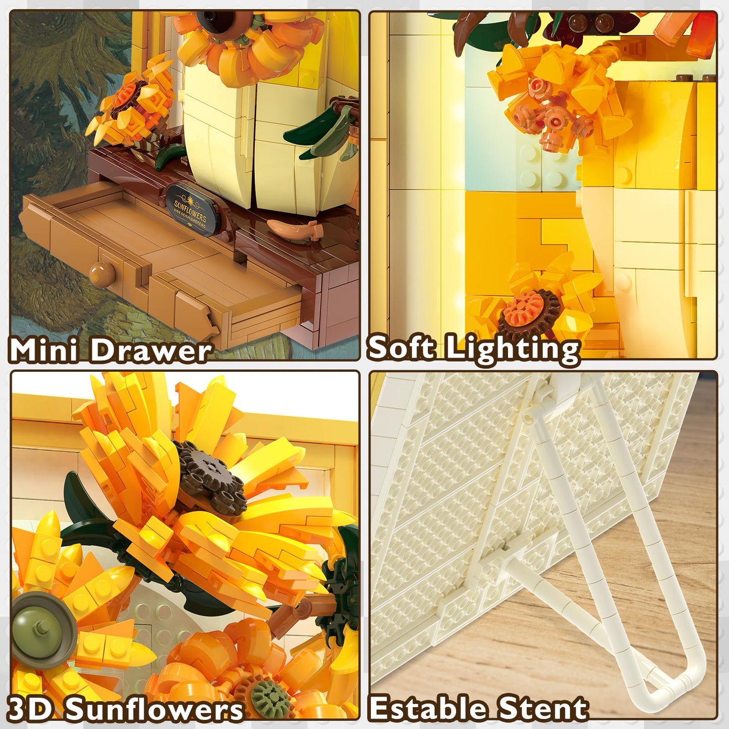 JMBricklayer Juego de construcción de flores de girasol para adultos con luces 70004, Van Gogh, ideas de arte de pared, ramo de flores, marco de pintura para decoración de habitación, ideas de regalos