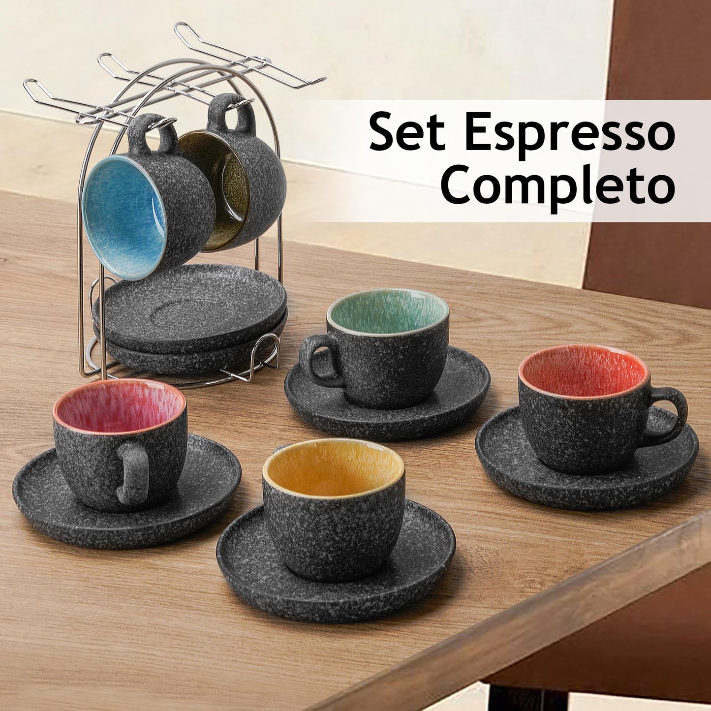 MIAMIO – 80 ml Tazas de Cerámica Apilables Espresso con Platos y Soporte de Metal, Juego de 6 Tazas Espresso, Tazas Demitasse, Tazas de Café para Espresso, Latte - Colección Las Palmitas