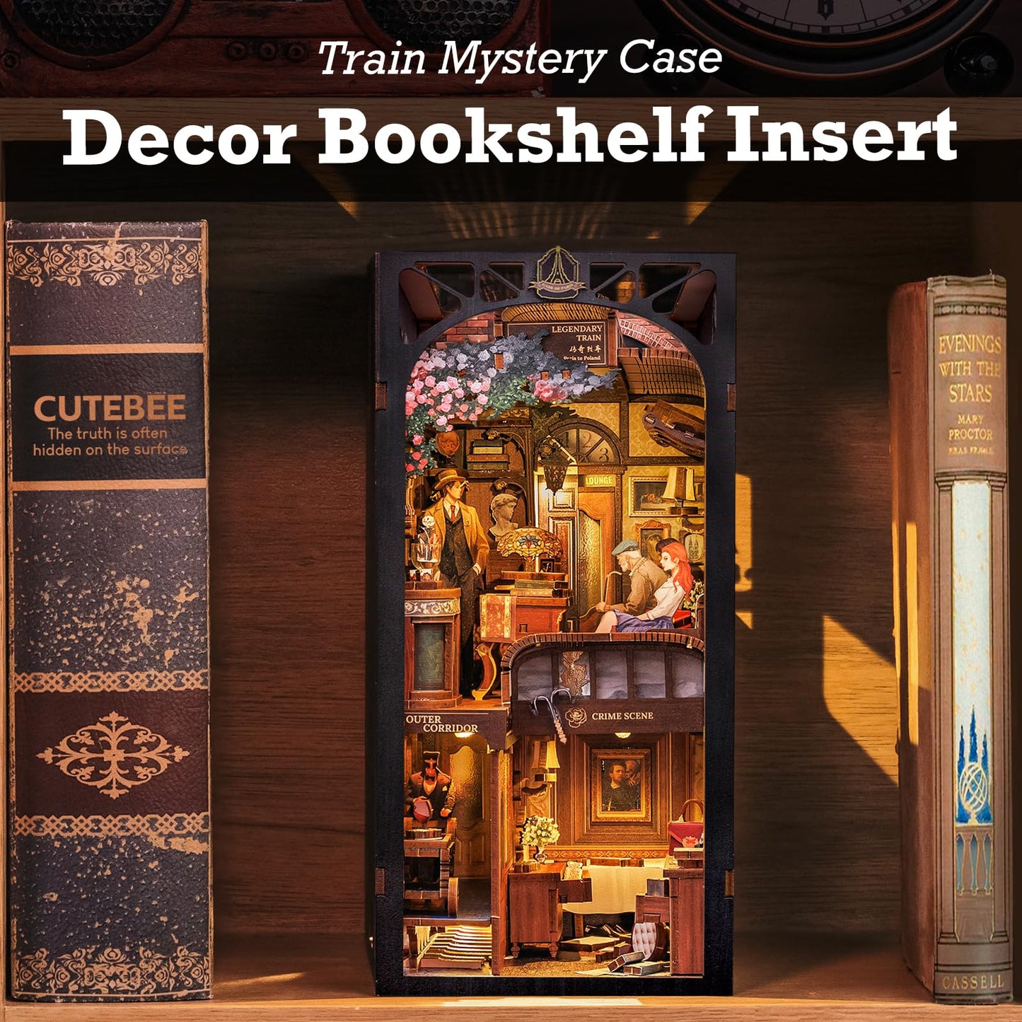 CUTEBEE DIY Book Nook Kit - Casa de Muñecas Madera para Montar con Muebles y Luces LED,Maqueta Libreria Miniatura,Decoración de Inserción de Estantería Creativa (Train Mystery Case)