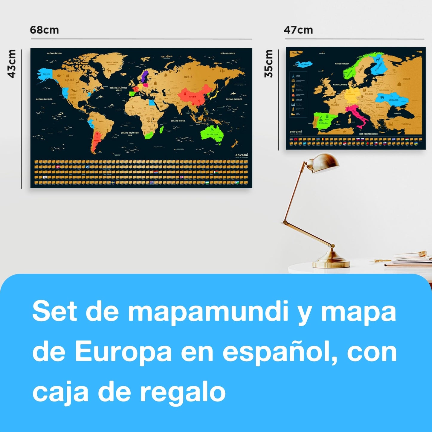 envami® Mapa Mundi Rascar - Español - Más el mapa de Europa - Mapas del Mundo para Marcar Viajes - 68 X 43 CM - Plata - Scratch Off Travel Map