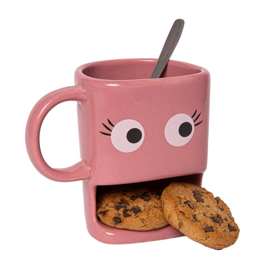 Fisura – Taza original para regalar “ojos”. Taza con soporte para galletas Taza de cerámica con hueco para galletas. Taza de 240 ml. (Rosa)