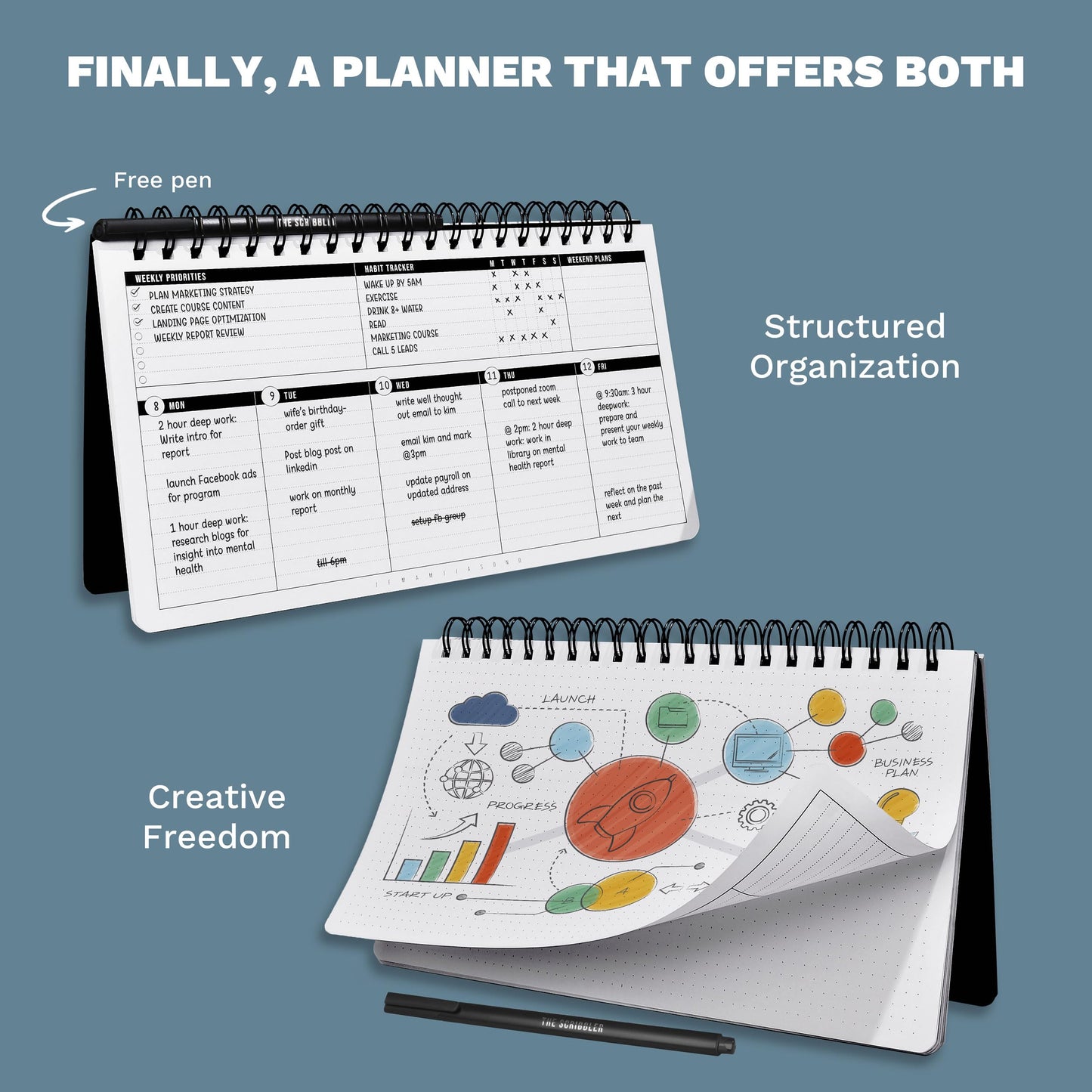 Scribbles That Matter 2024 weekly planner spiral bound (Undated) + Free Pen! | Your Daily weekly monthly productivity planner with habitpara trabajo de oficina | 55 Weeks (29x17.2”)