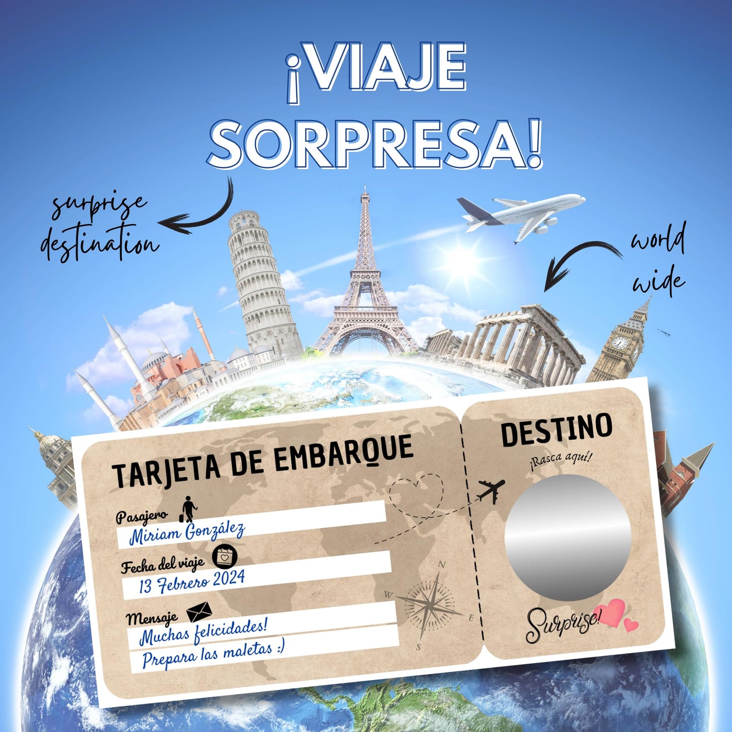 EQUIK PRODUCTS Regalo viaje sorpresa | Tarjeta de rascar | Cheque, Cupón viaje | Regalo pareja romántico para San Valentín | Tarjeta de embarque personalizable