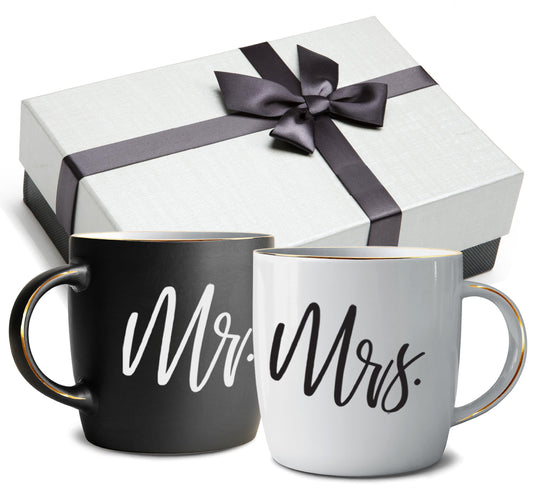 Triple Gifffted Mr y Mrs Tazas parejas a conjunto,Caja de Regalo para Novios,Novias,Regalos original, Bodas, Aniversarios,nupical,desayuno, Románticos,San Valentín, Navidad,380 Ml, Juego De 2 pack