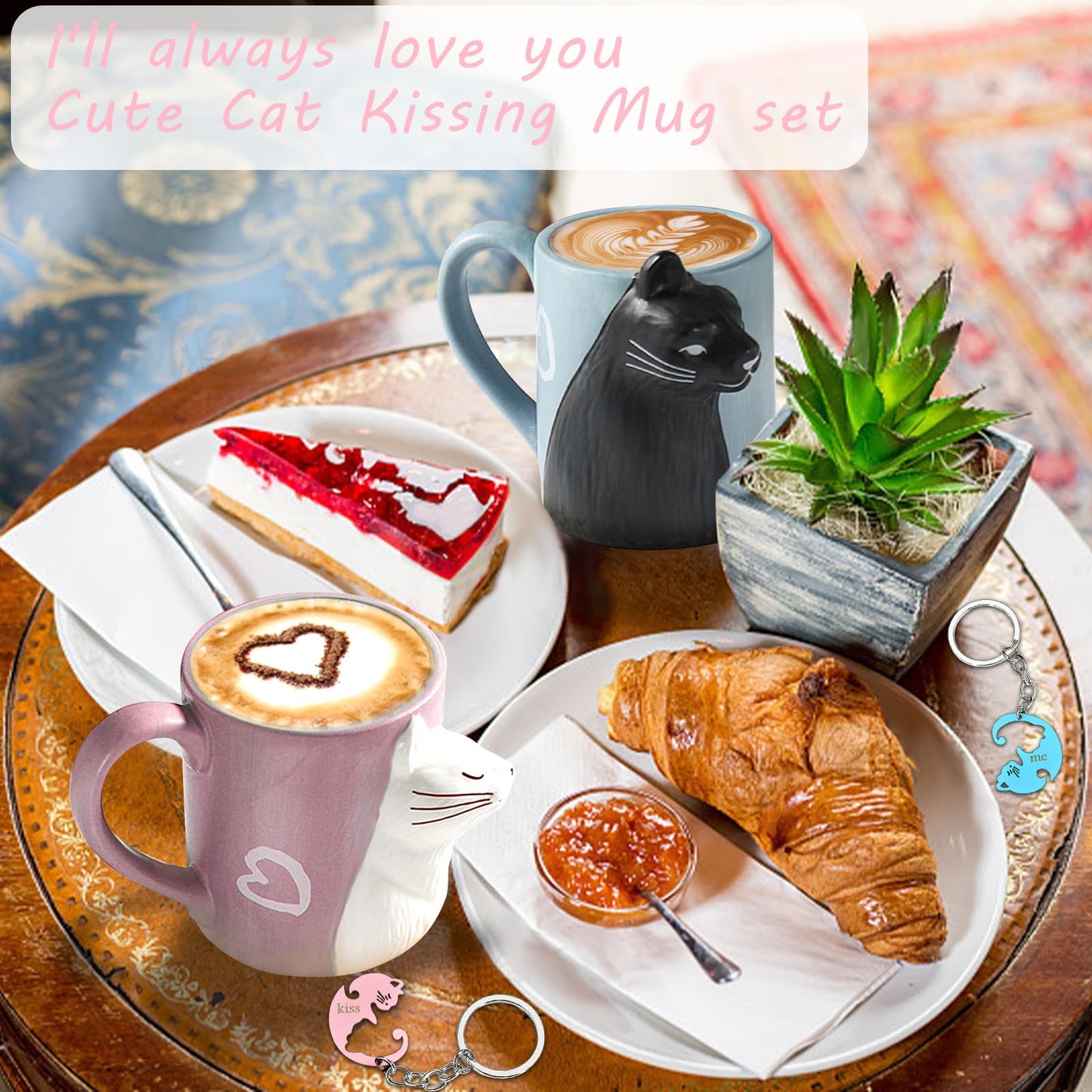 MengCat Gato Tazas de café par, conjunto de tazas de té de cerámica únicas, taza de boda para la novia y el novio,Beso Regalo a juego para aniversario, compromiso, día de San Valentín, cumpleaños