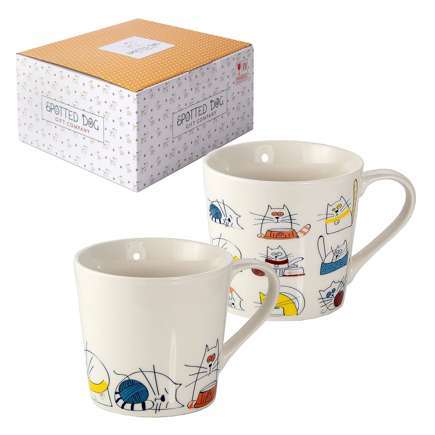 SPOTTED DOG GIFT COMPANY Tazas de Café, Juego de 2 Tazas Desayuno, Tazas de Gato, Taza de Cerámica para Té y Café, Regalo para Amante de los Gatos, 380ml/13oz