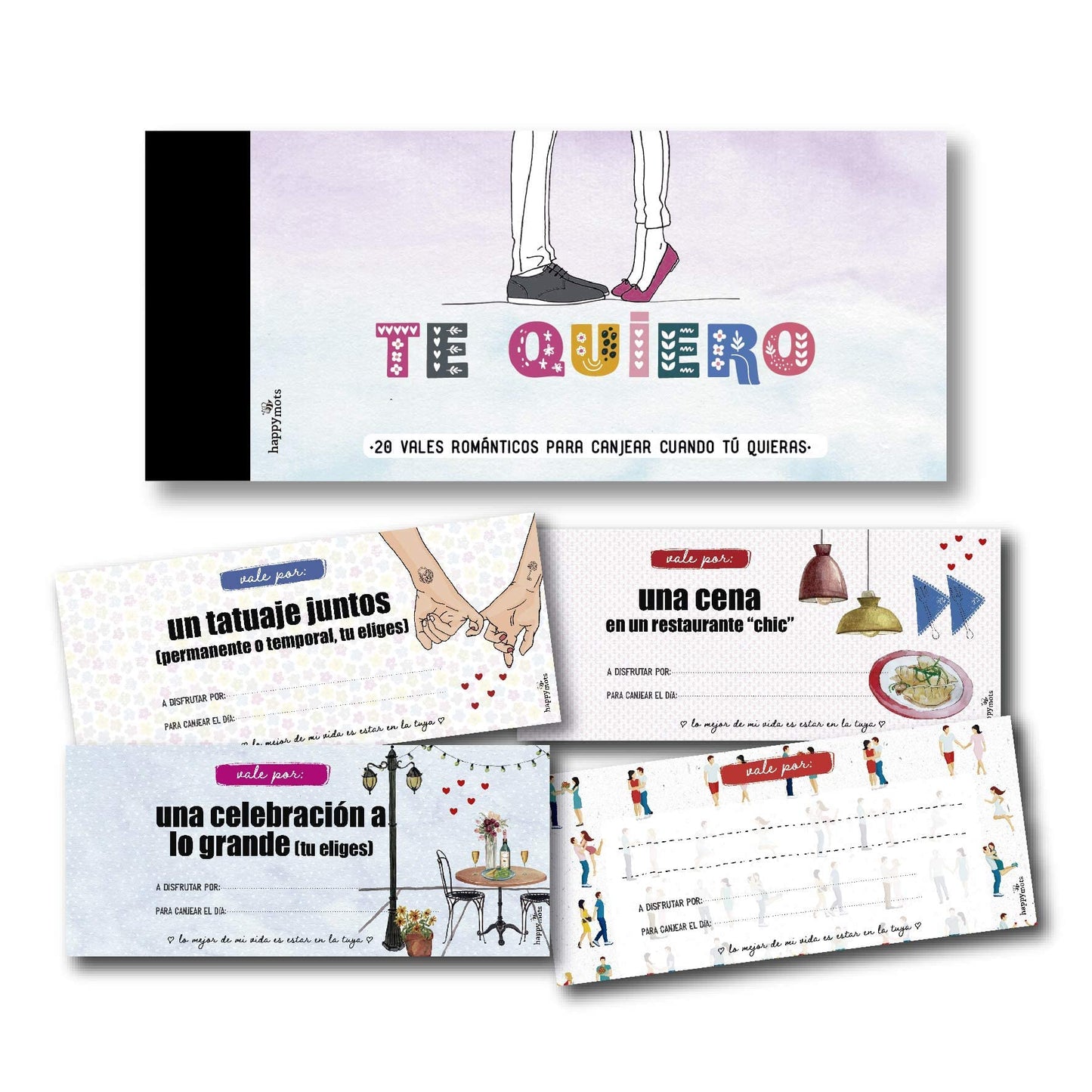 Happymots Talonario 20 Vales Románticos | Te quiero | Regalos originales | 15 Planes que os van a encantar + 5 Vales Regalo para rellenar | Regalos Pareja | Vales Regalo Pareja