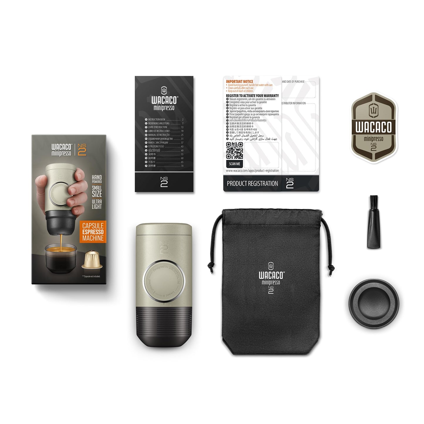 WACACO Minipresso NS2, Mini Cafetera Espresso Compatible con Cápsulas Originales Nespresso, Operación Manual, 18 Bares, Máquina Café Portátil para Viajes, Camping