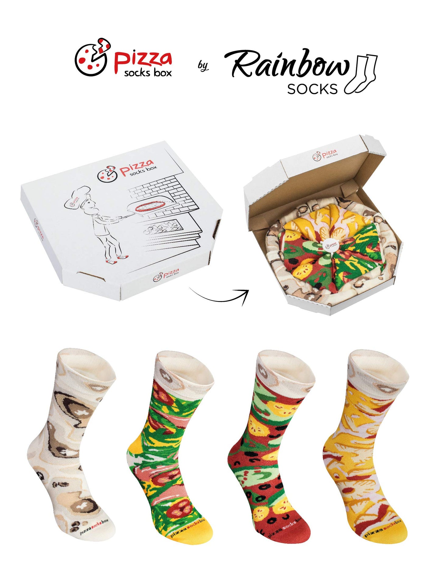 Rainbow Socks - Pizza MIX Italiana Hawaiana Vegetariana Mujer Hombre - 4 pares de Calcetines - Tamaño 47-50